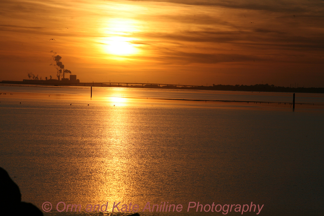 Sunset view  of Samoa Bridge from Arcata